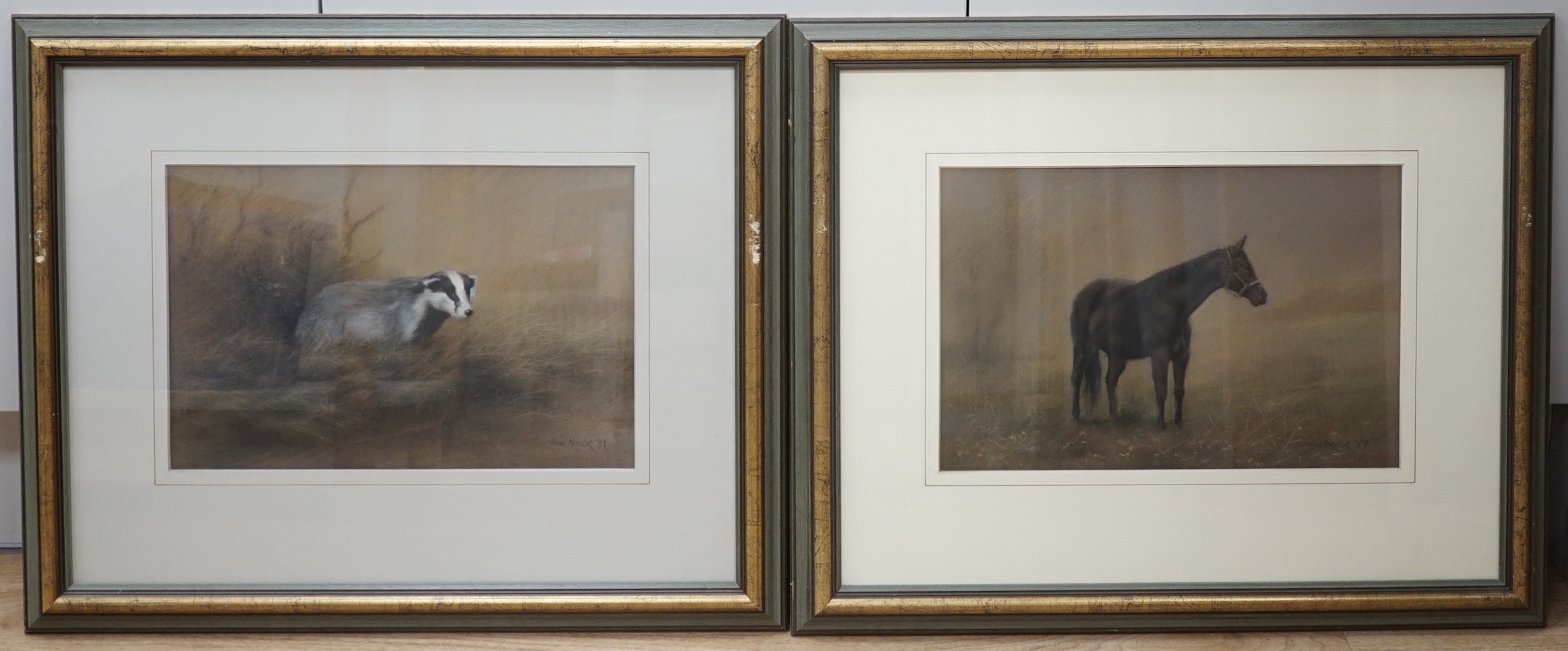 John Naylor (b.1960) pair of pastels, Studies of a badger and a horse, each signed and dated '89, 36 x 44cm